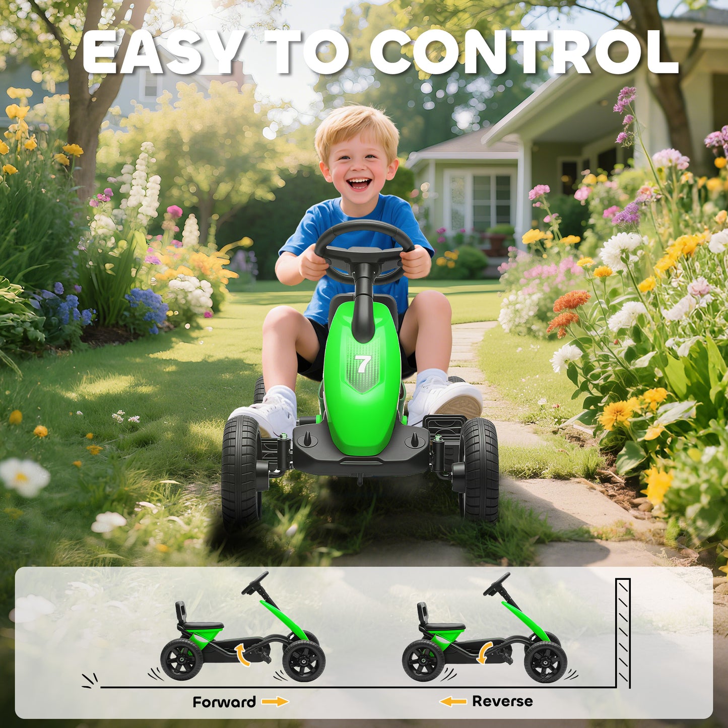 Pedal Go-Kart for Kids with Silent EVA Wheels, Metal Frame, Green