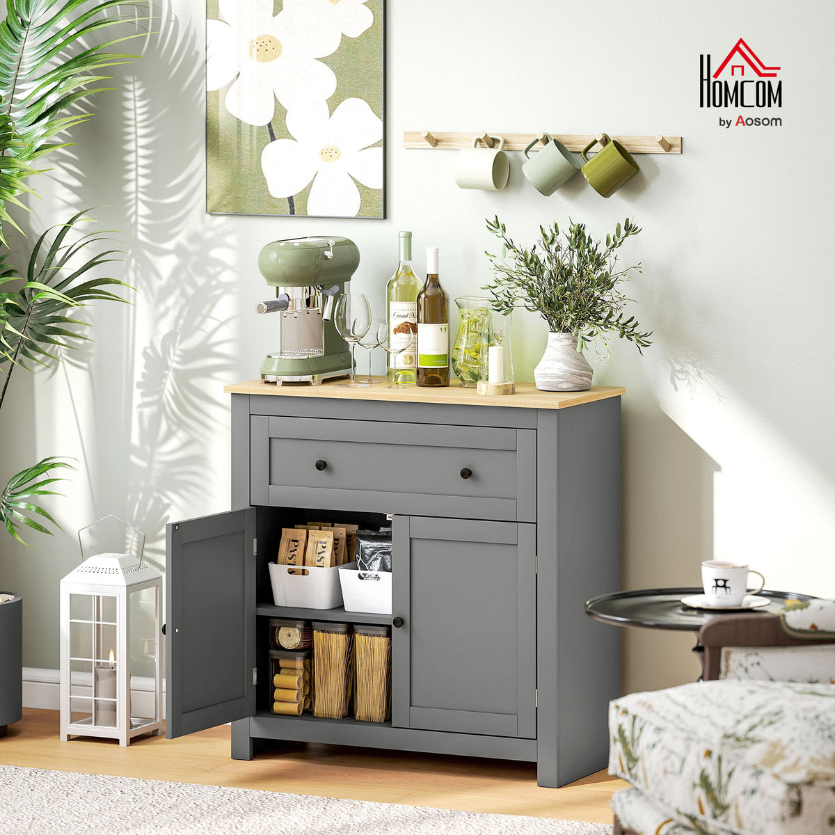 Sideboard Storage Cabinet with Adjustable Shelf, Drawer, Grey