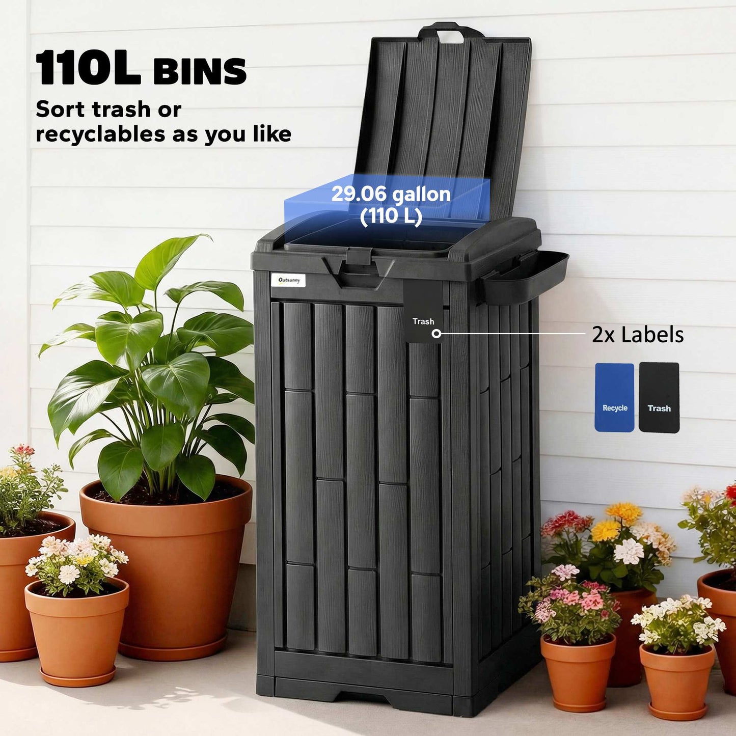 110 L Outdoor Bin with Dual Lid, Ashtray, Drip Tray, Black