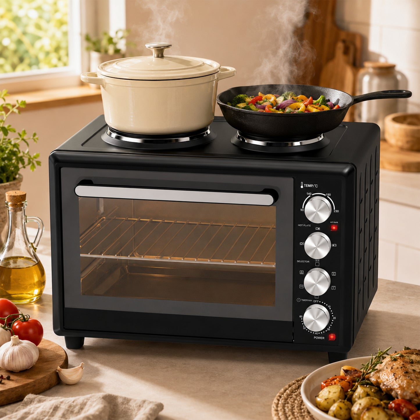 46L Mini Oven with Dual Hot Plates, Electric Countertop Cooker