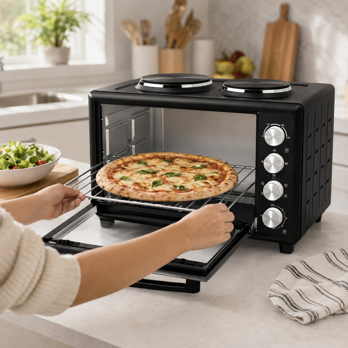 46L Mini Oven with Dual Hot Plates, Electric Countertop Cooker