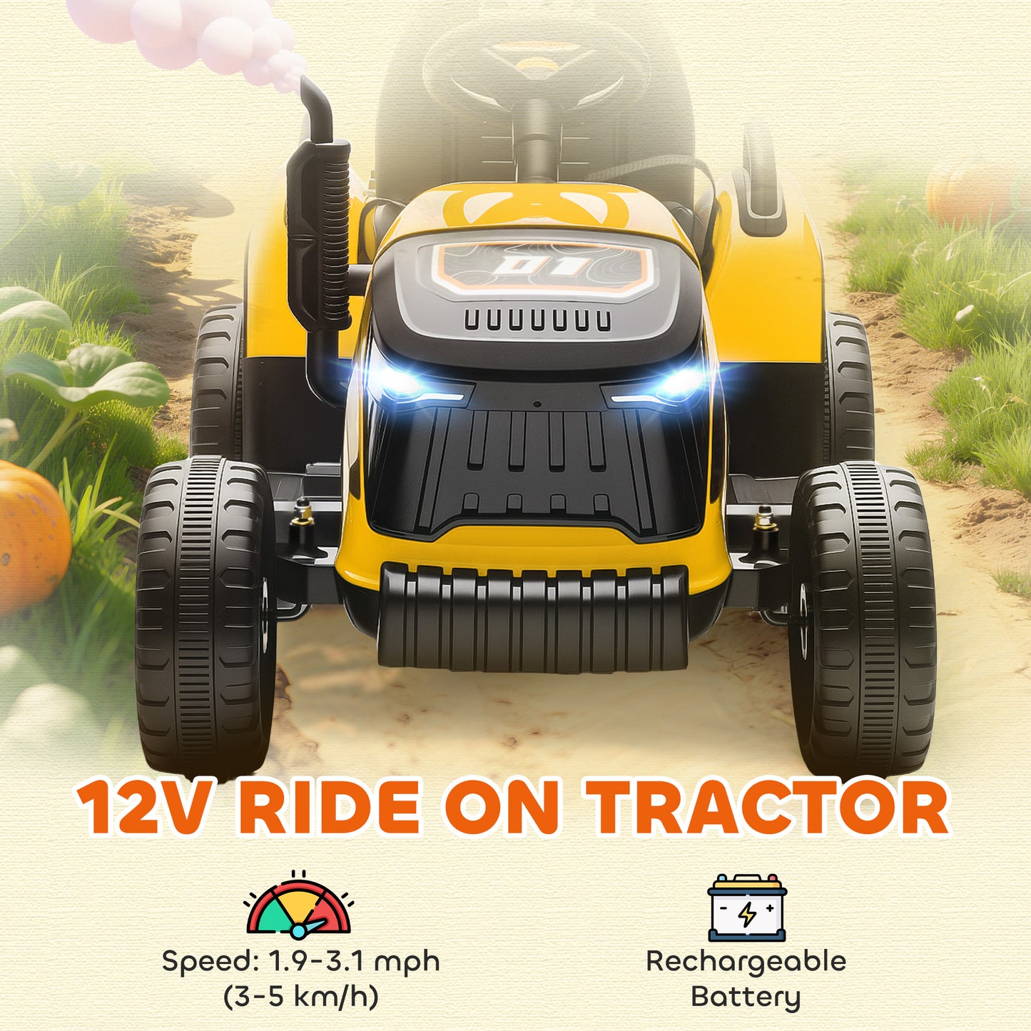 Ride on Tractor and Trailer, 12V Electric Ride on Tractor, Yellow