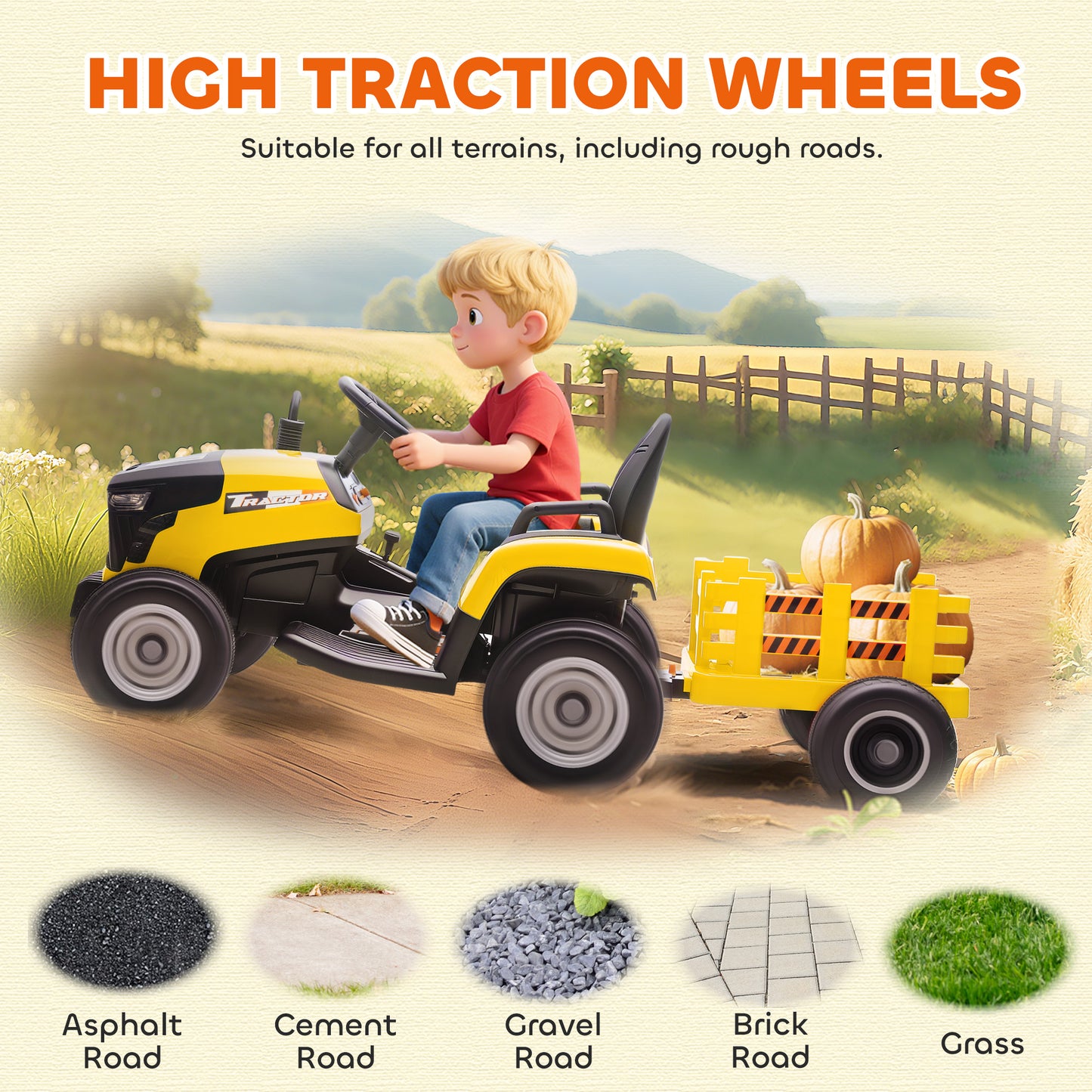Ride on Tractor and Trailer, 12V Electric Ride on Tractor, Yellow