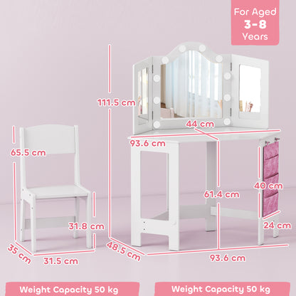 Kids Vanity Table and Stool with Lights, Tri-Folding Mirror, White