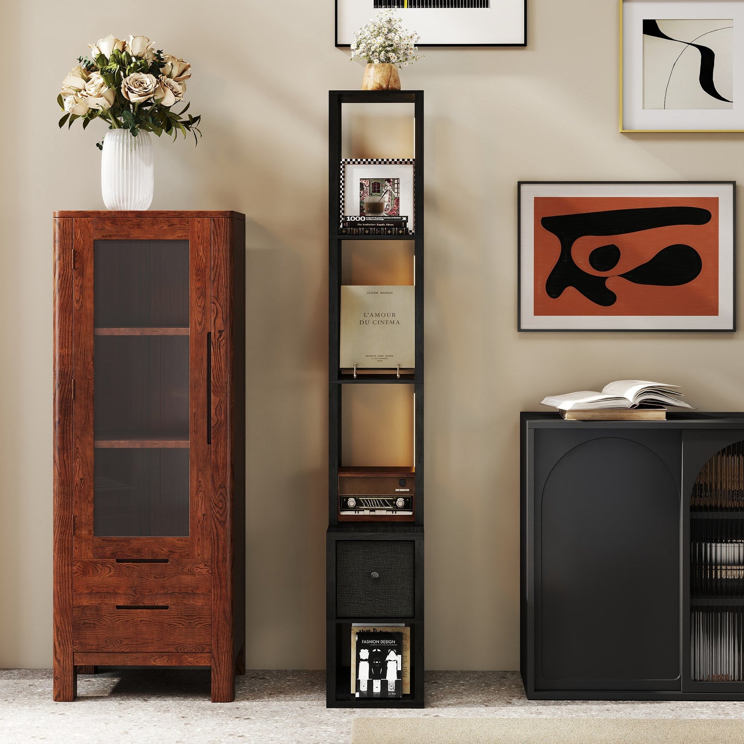 Floor Lamp with Shelves, LED Standing Lamp with Fabric Drawer, Black