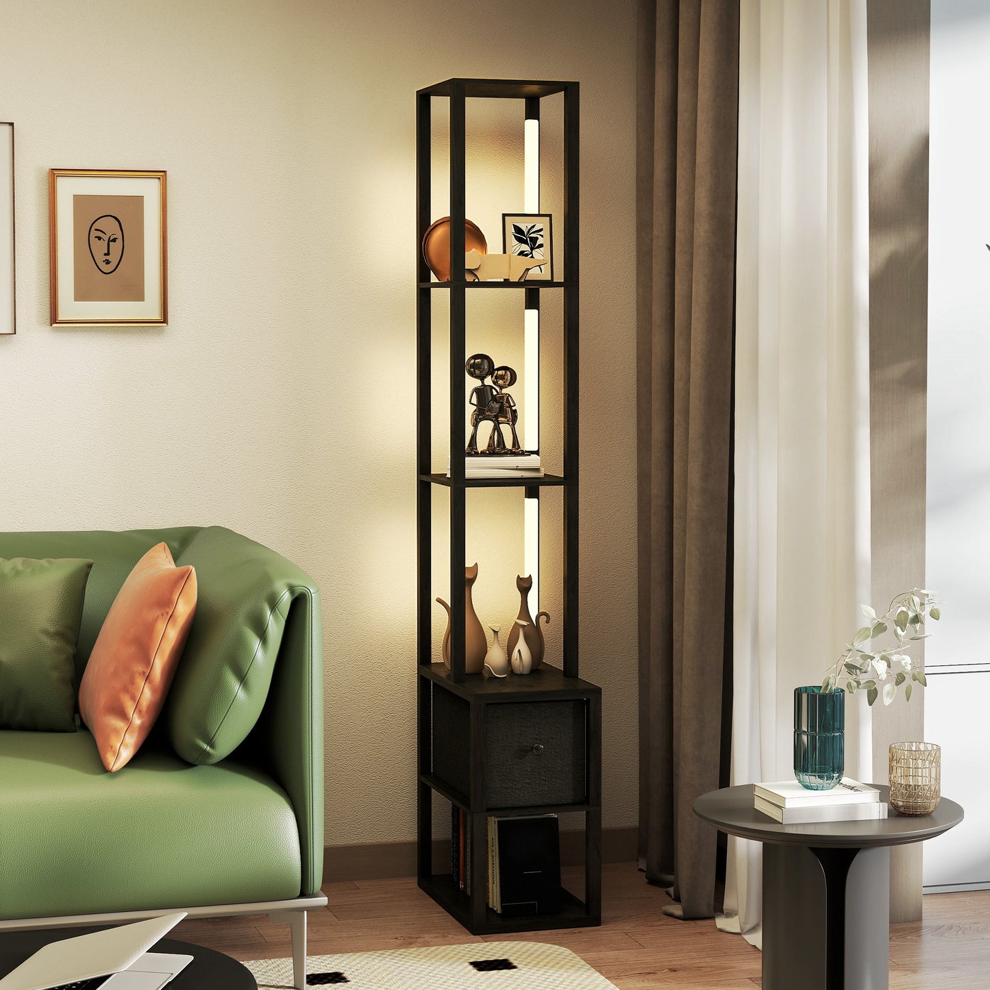 Floor Lamp with Shelves, LED Standing Lamp with Fabric Drawer, Black