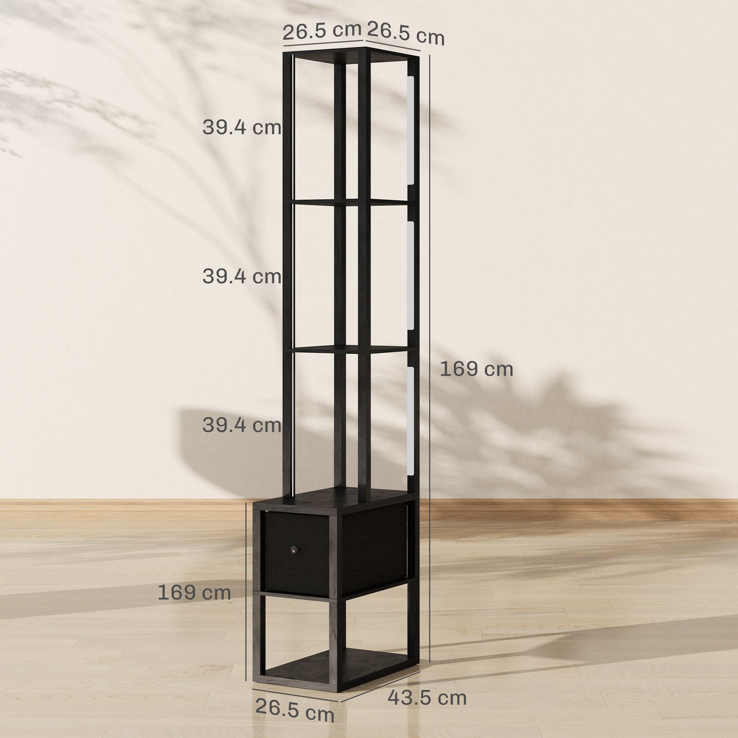 Floor Lamp with Shelves, LED Standing Lamp with Fabric Drawer, Black