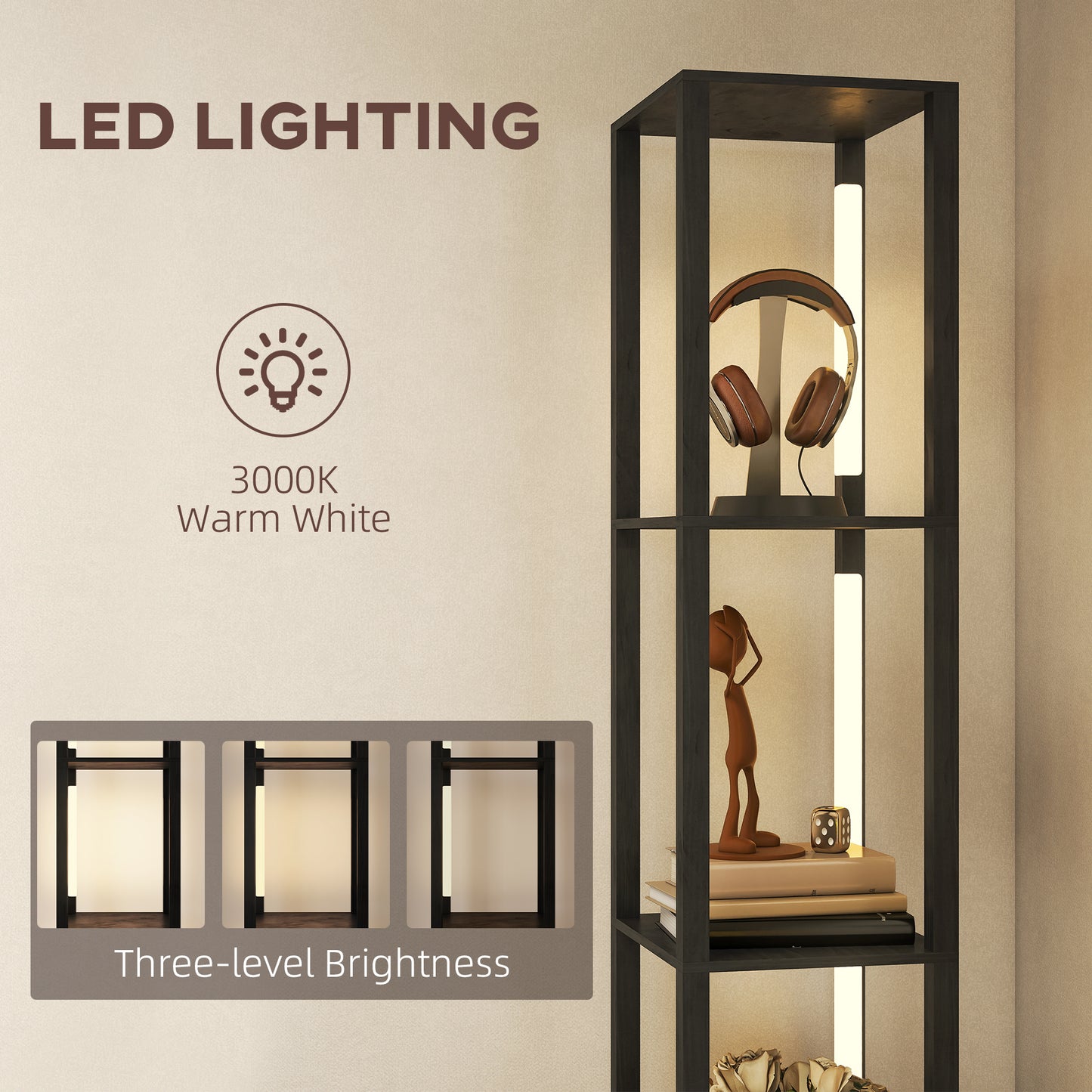 Floor Lamp with Shelves, LED Standing Lamp with Fabric Drawer, Black