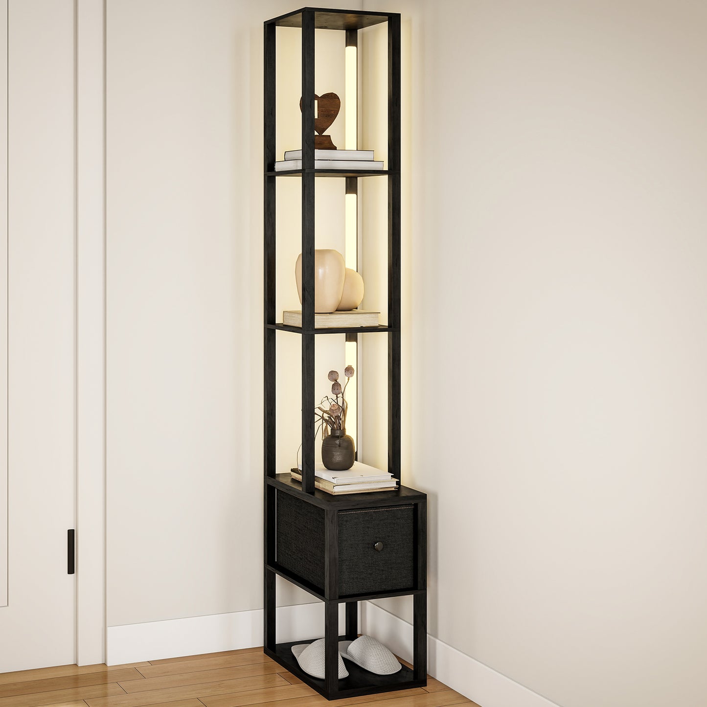Floor Lamp with Shelves, LED Standing Lamp with Fabric Drawer, Black