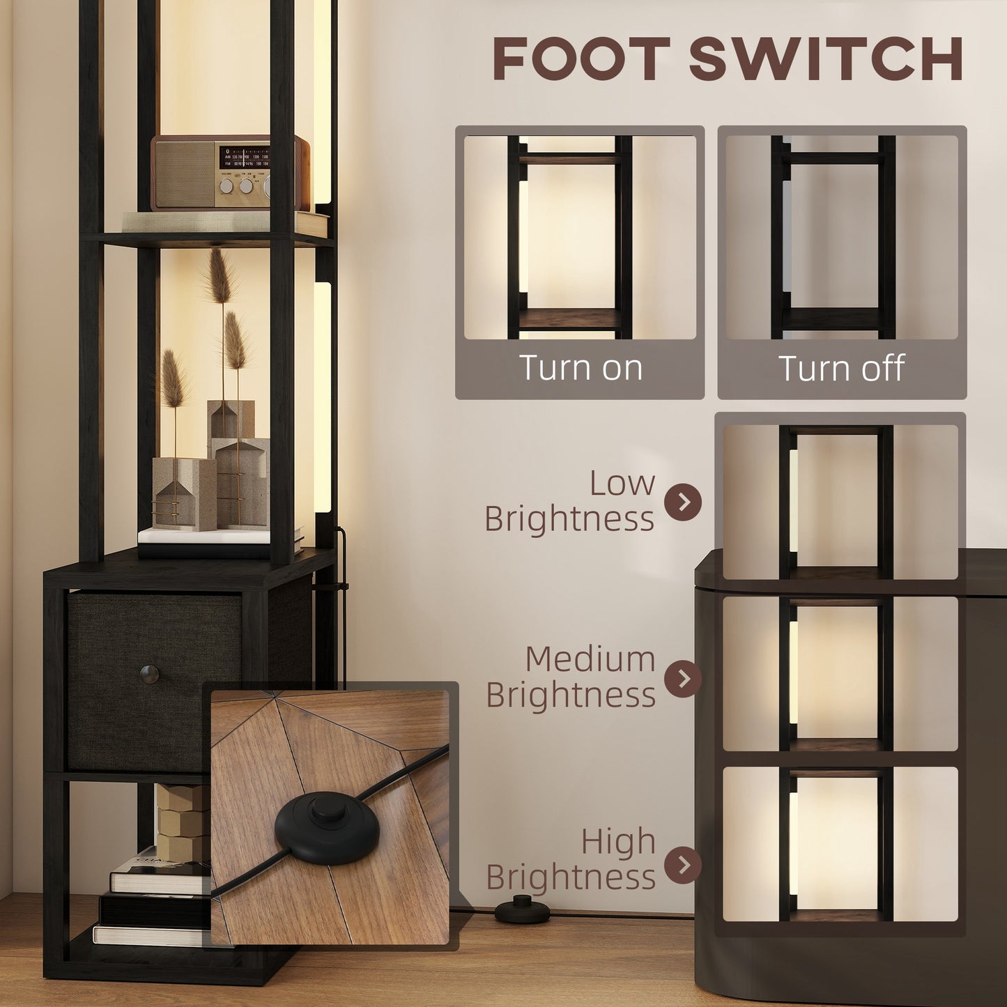 Floor Lamp with Shelves, LED Standing Lamp with Fabric Drawer, Black