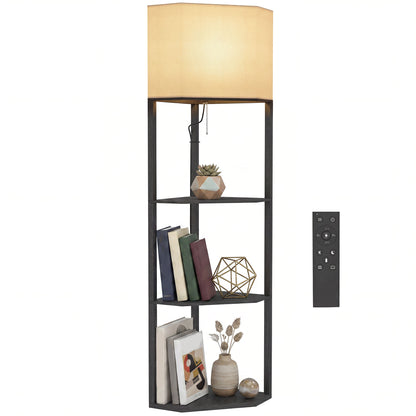 Corner Floor Lamp with Shelves and Lights, Modern Dimmable Standing Lamp with 3000K/4000K/6000K Colour Temperature, Chain Switch & Remote Control for Living Room, Bedroom, Black