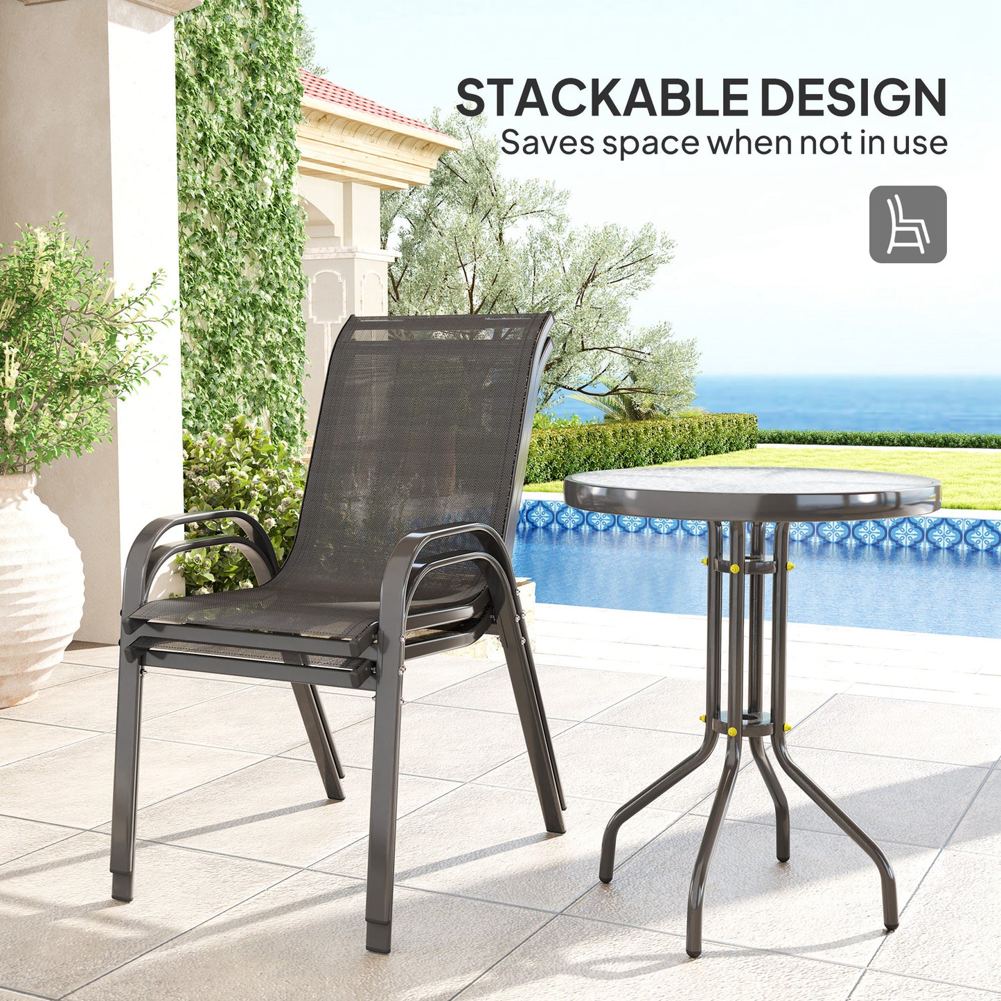 Garden Bistro Set, Small Garden Set w/ Stackable Chairs, Black