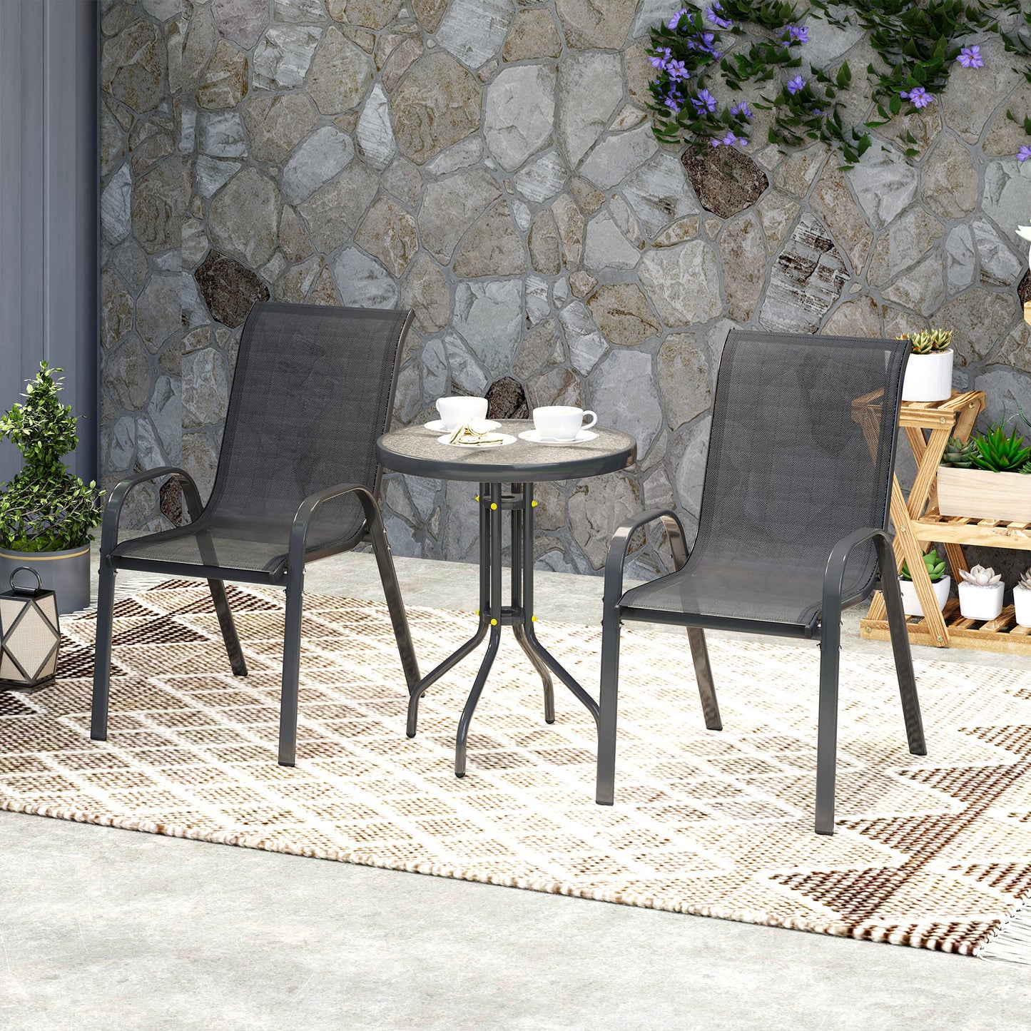 Garden Bistro Set, Small Garden Set w/ Stackable Chairs, Black