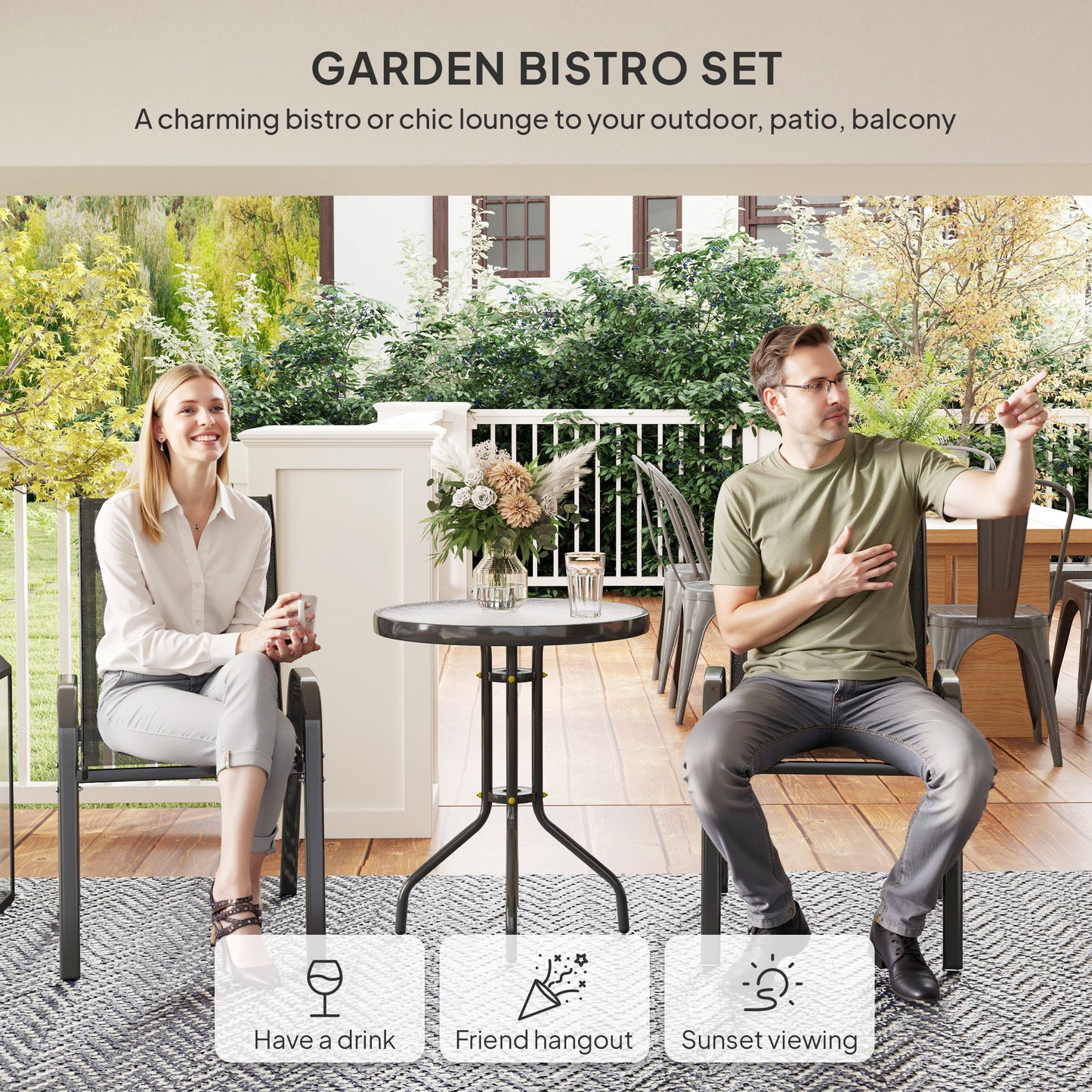 Garden Bistro Set, Small Garden Set w/ Stackable Chairs, Black