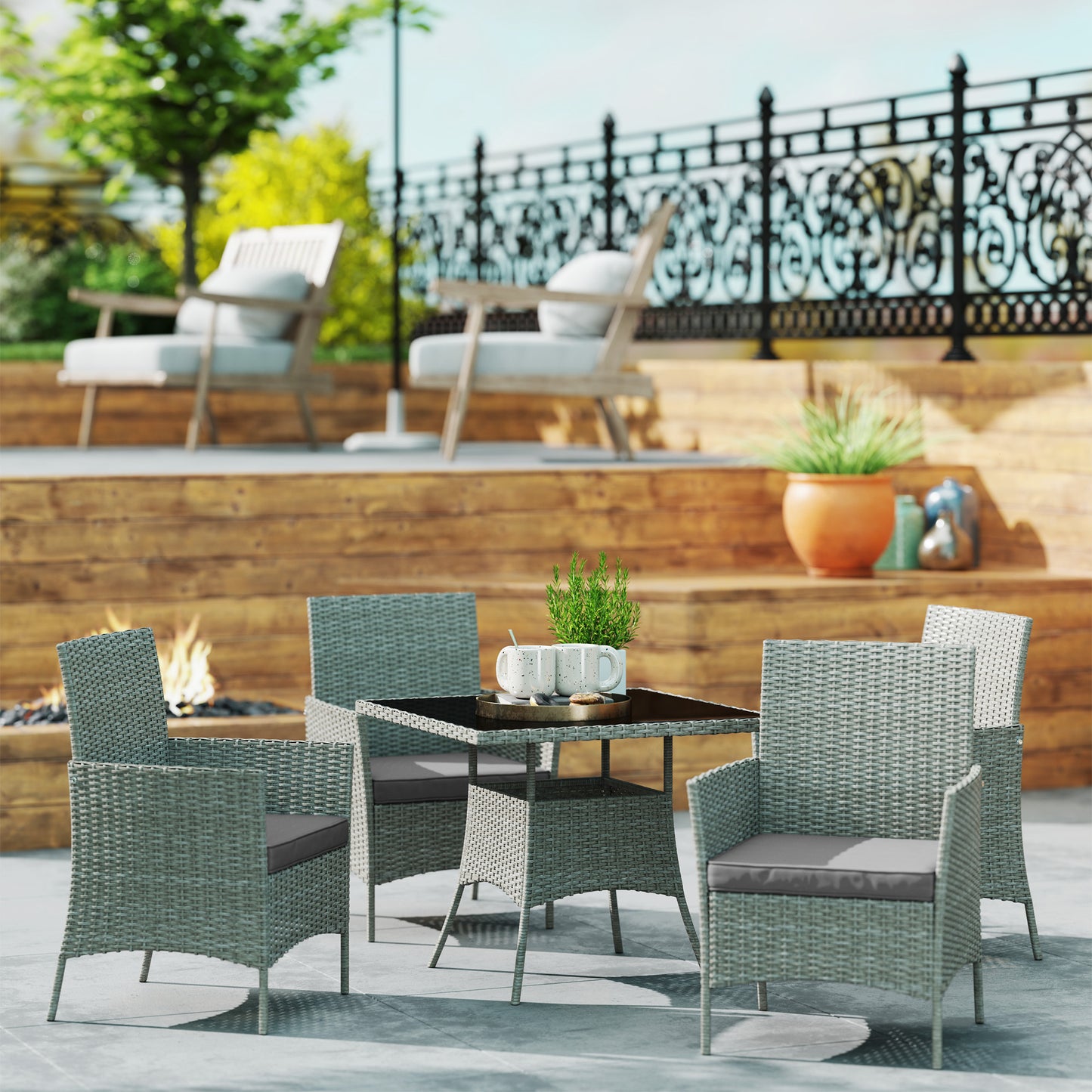 Rattan Outdoor Dining Table and Chairs for 4, Light Grey