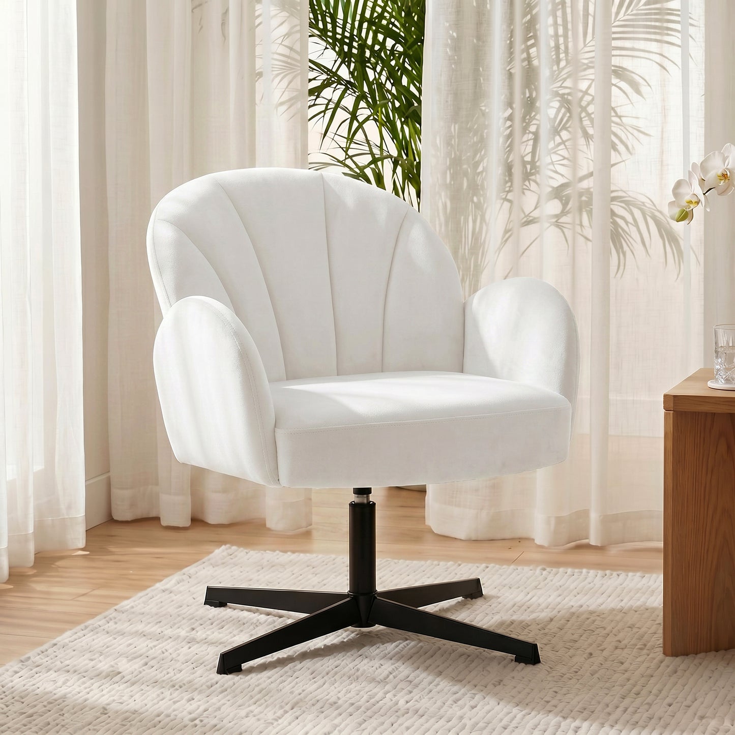 Swivel Accent Chair, Velvet-Feel Fabric Shell-Shaped Armchair with Spring Cushion, Metal Base, Modern Reading Chair for Living Room, Bedroom, Study, Makeup, Cream White