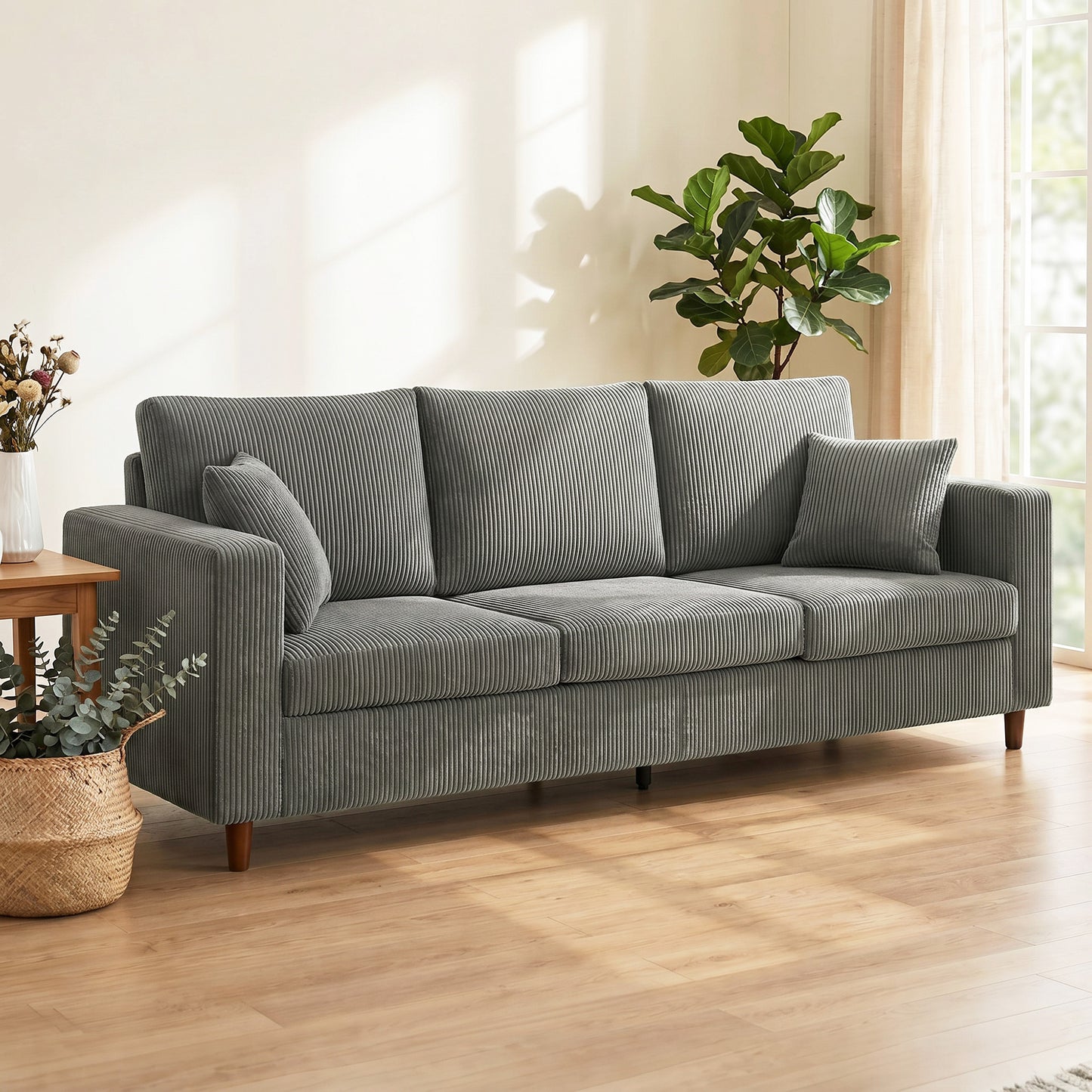 3 Seater Sofa with Wide Seat, Corduroy Upholstered, Light Grey