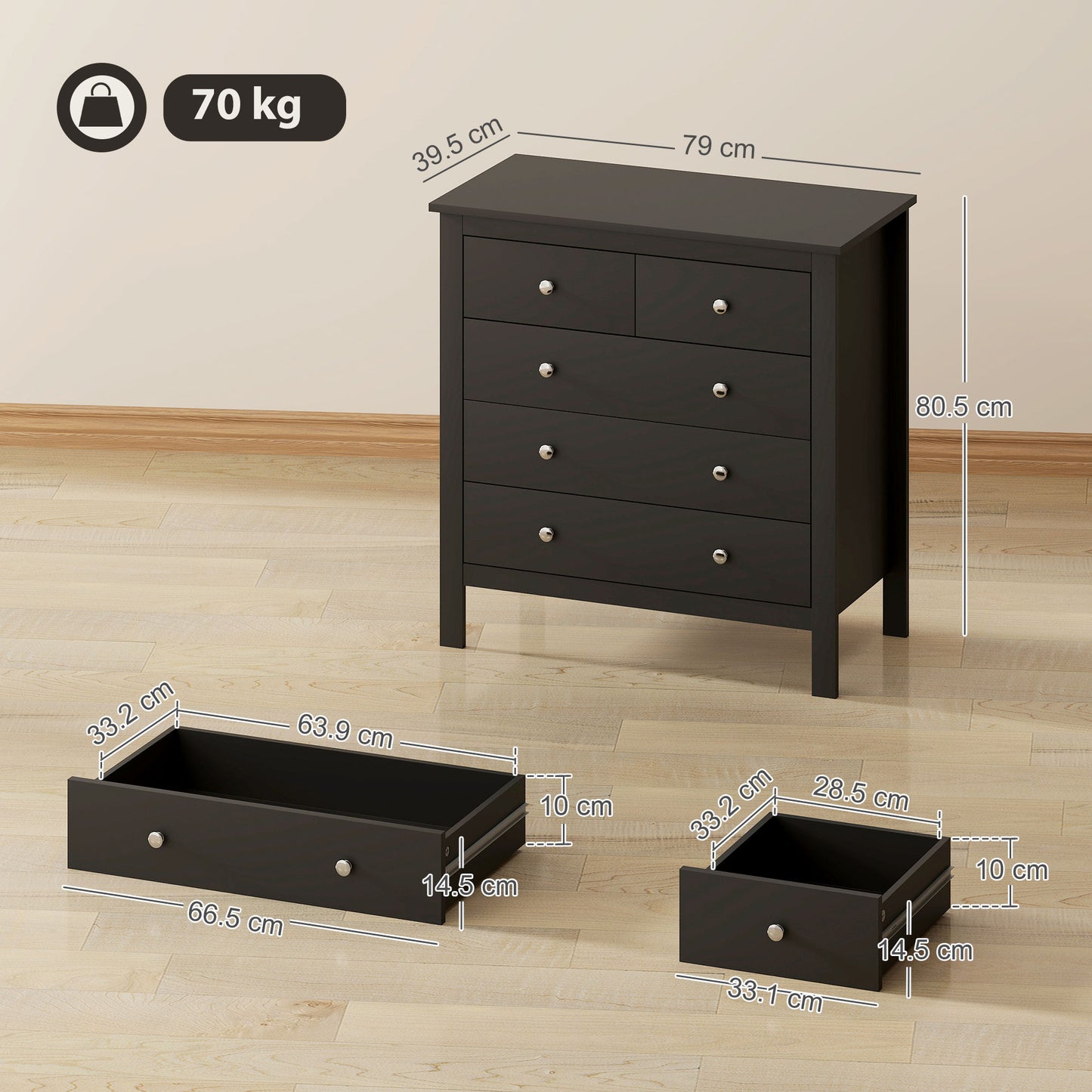 Modern Chest Of Drawers, 5 Drawer Unit Storage Chest for Bedroom