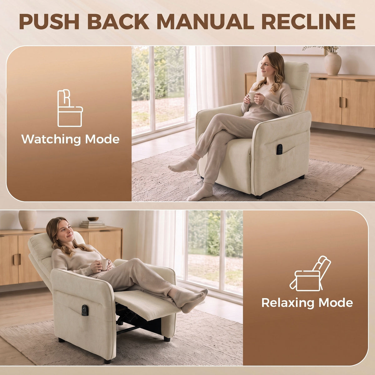 Recliner Armchair, Manual Recliner Chair, Massage & Heat, Beige