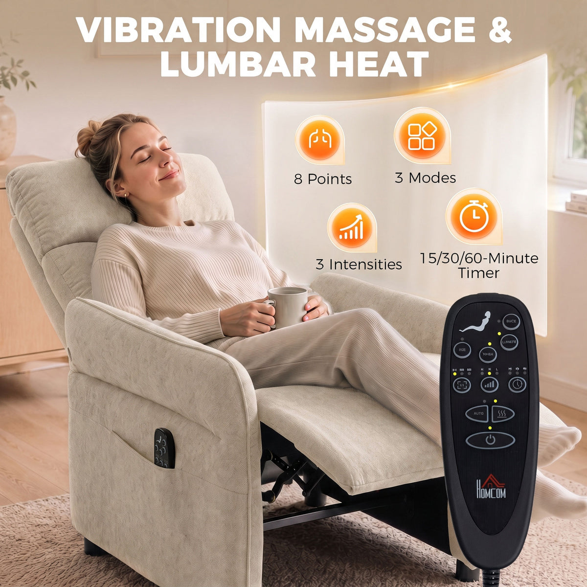 Recliner Armchair, Manual Recliner Chair, Massage & Heat, Beige