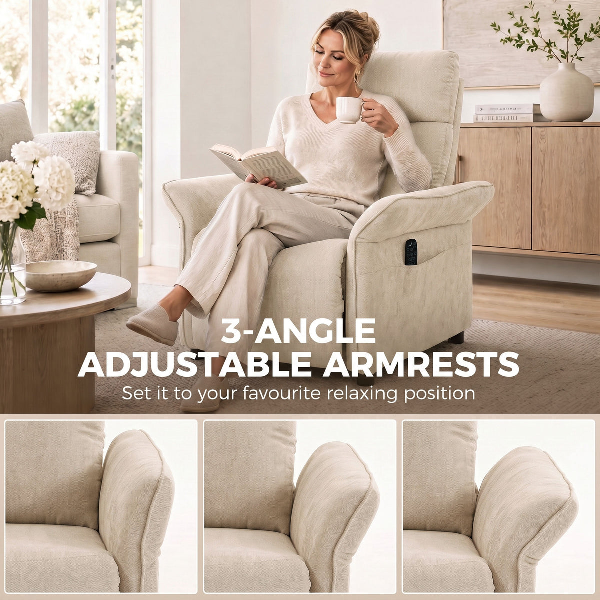 Recliner Armchair, Manual Recliner Chair, Massage & Heat, Beige