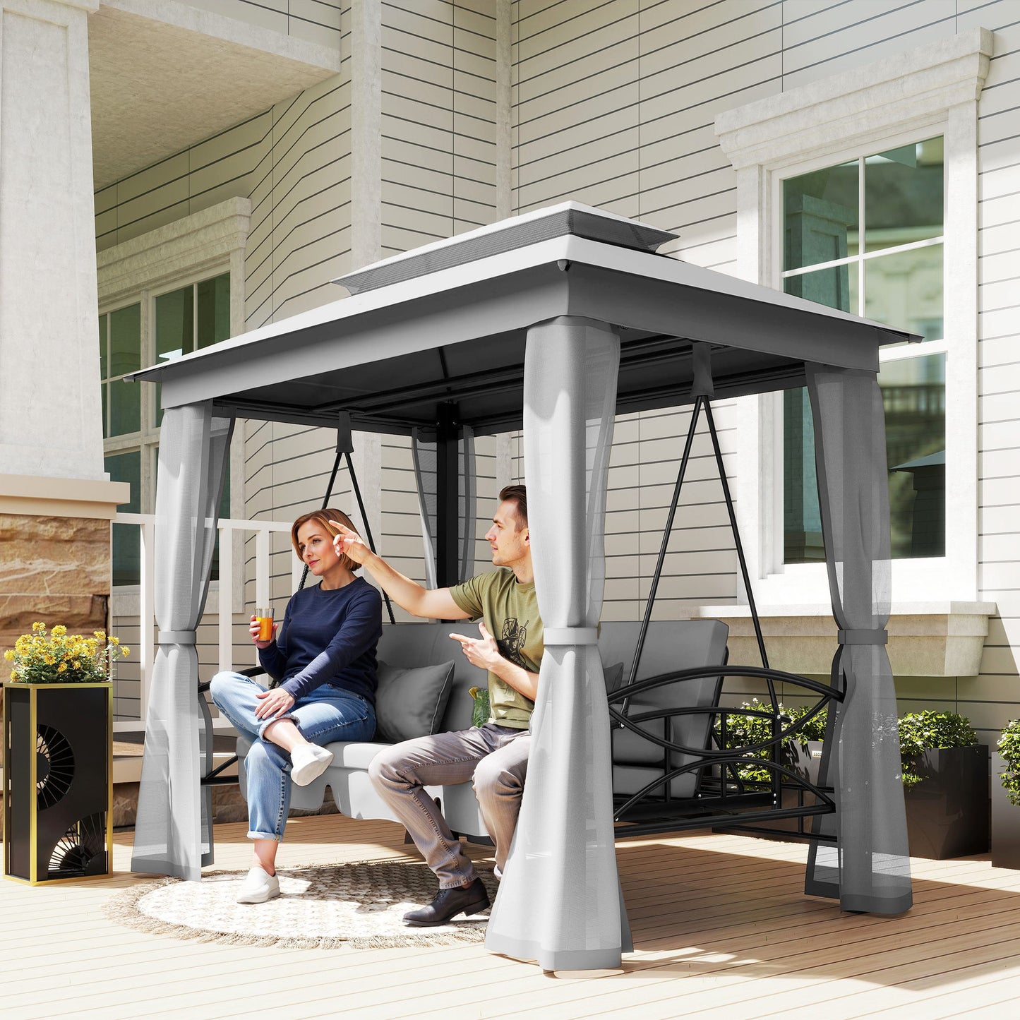 3 Seater Swing Chair Hammock Gazebo Patio Bench Outdoor Light Grey
