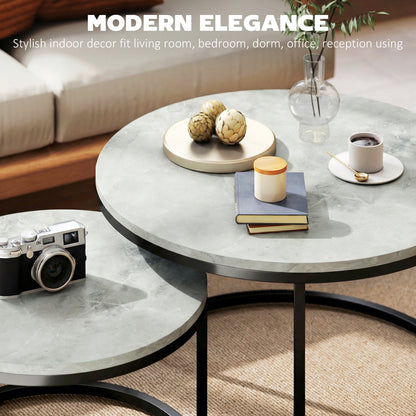 2 Pcs Stacking Coffee Table Set Steel Frame, Marble Grey