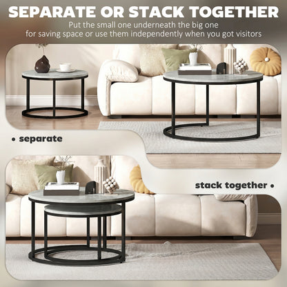 2 Pcs Stacking Coffee Table Set Steel Frame, Marble Grey