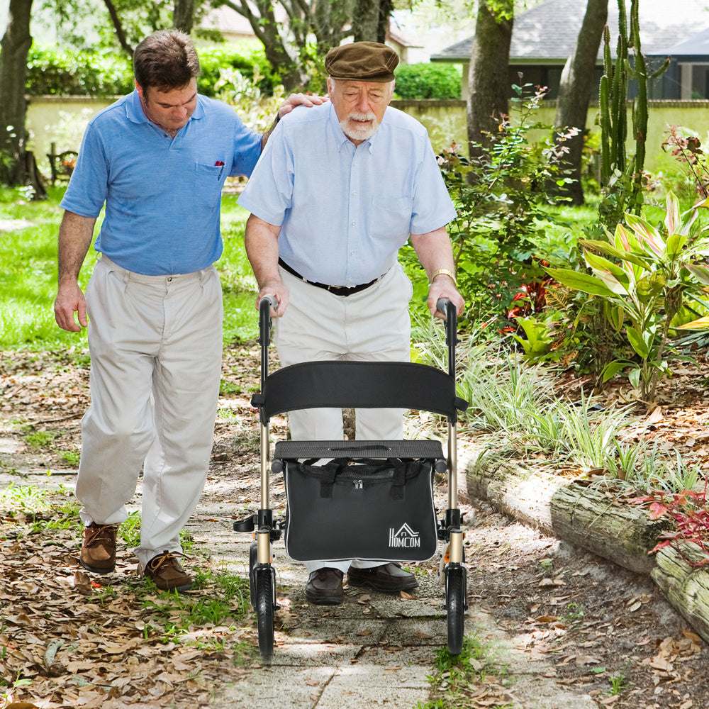 Folding Rollator, 4 Wheeled Aluminum Mobility Walker with Seat and Bag