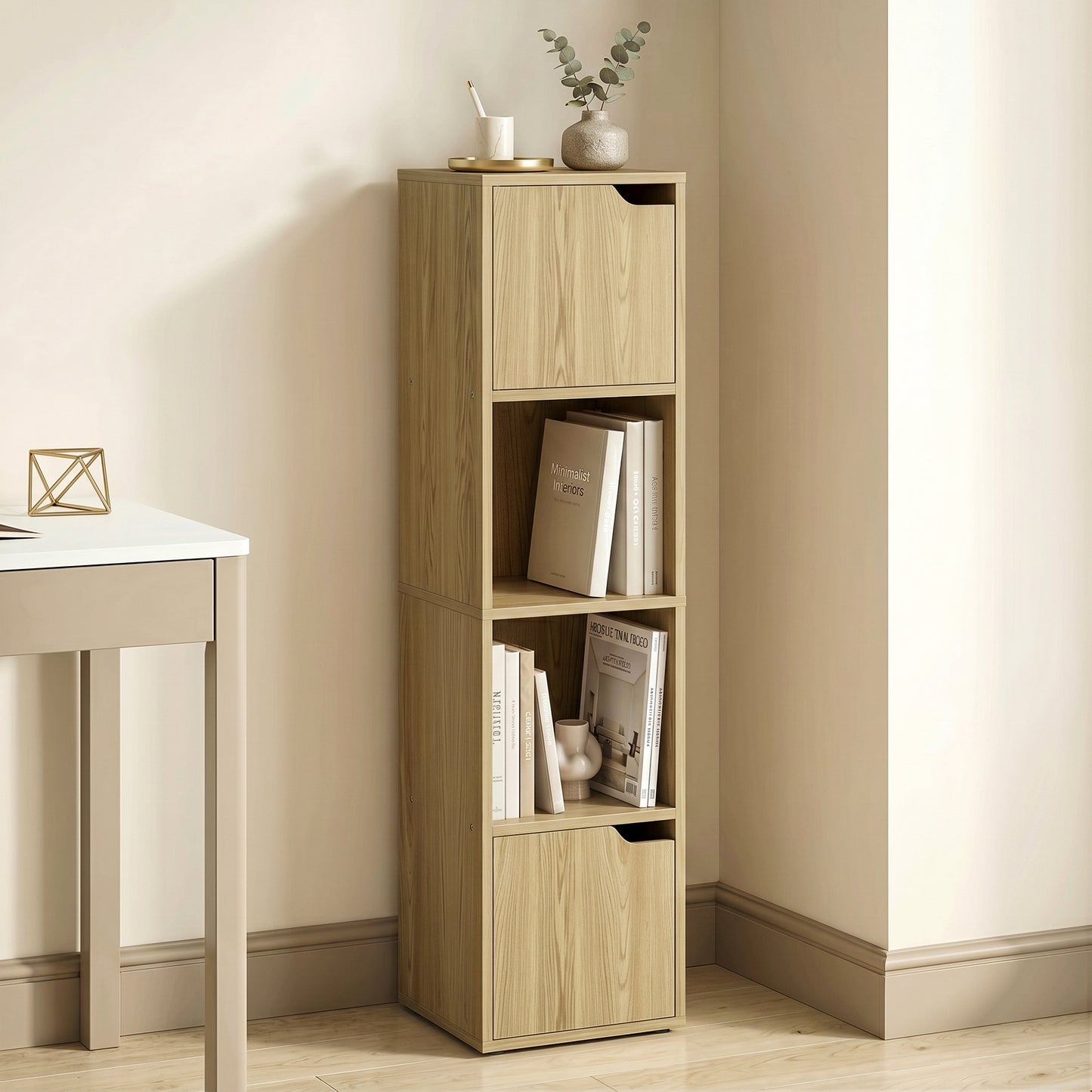 Bookcase with 2 Cabinets and Doors, 4-Tier Bookshelf, Storage Cabinet with Open Shelves and Anti-Tipping Design, for Living Room, Bedroom, Home Office, Oak
