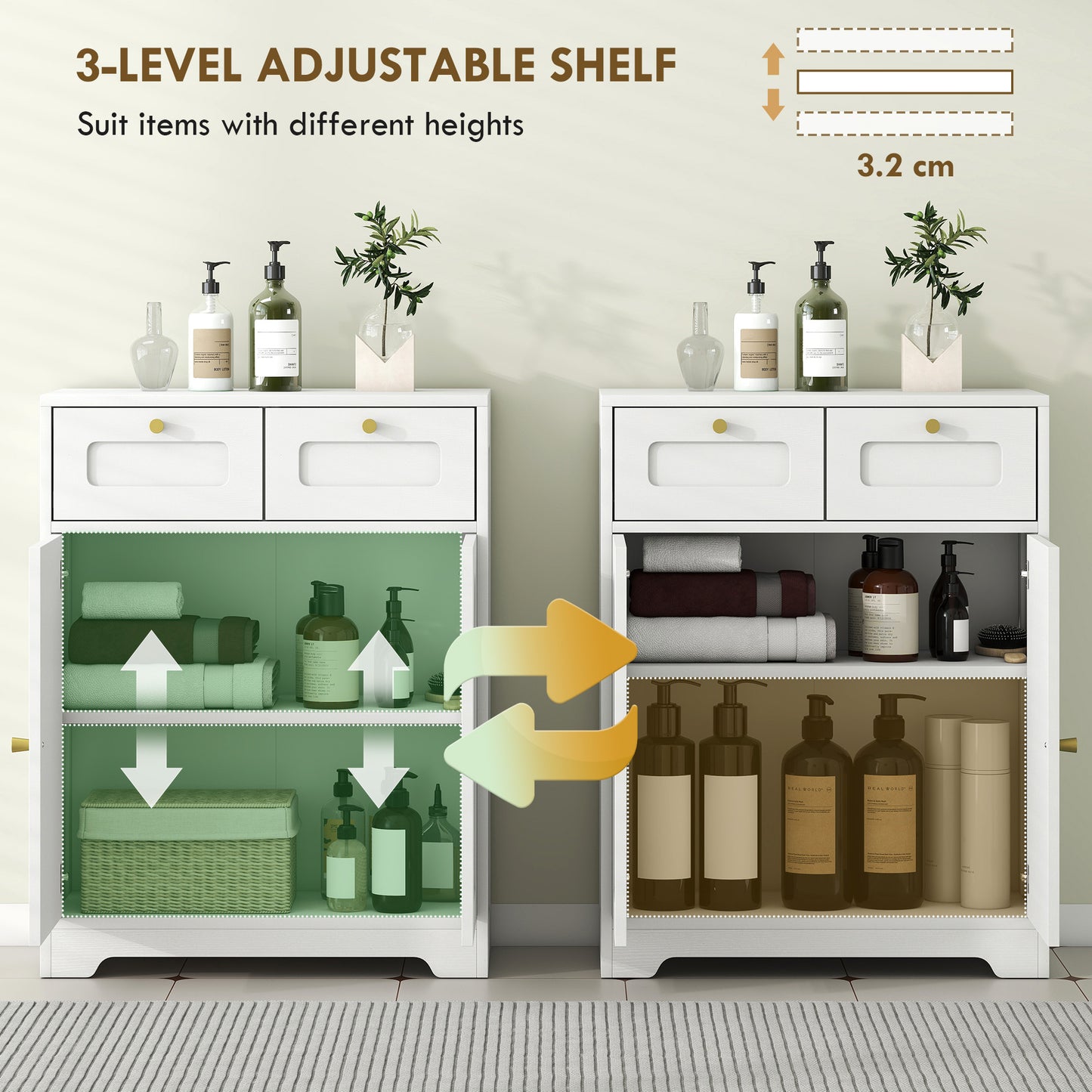 Bathroom Floor Cabinet, Bathroom Storage Unit with 2 Doors, White