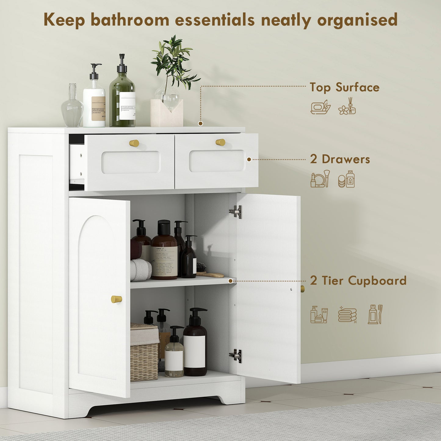 Bathroom Floor Cabinet, Bathroom Storage Unit with 2 Doors, White