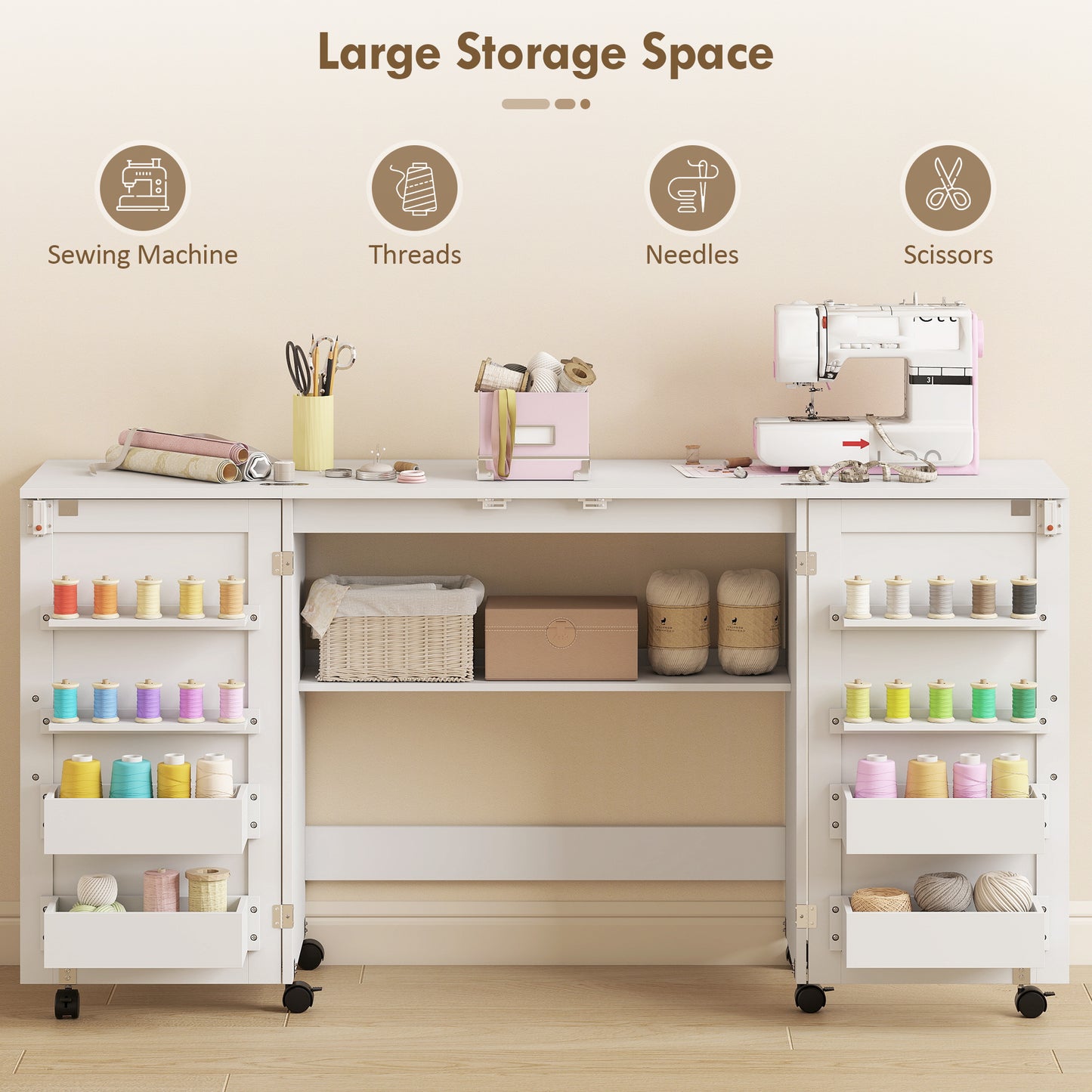 Folding Sewing Table with 2 Magnetic Doors, Rolling Craft Table with 4 Bins, 20 Pegs, Storage Shelf, Lockable Wheels, Space Saving Drop Leaf Sewing Machine Table for Small Spaces, White