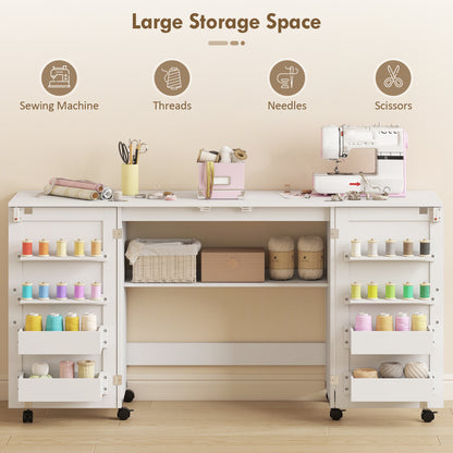 Folding Sewing Table with 2 Magnetic Doors, Rolling Craft Table with 4 Bins, 20 Pegs, Storage Shelf, Lockable Wheels, Space Saving Drop Leaf Sewing Machine Table for Small Spaces, White
