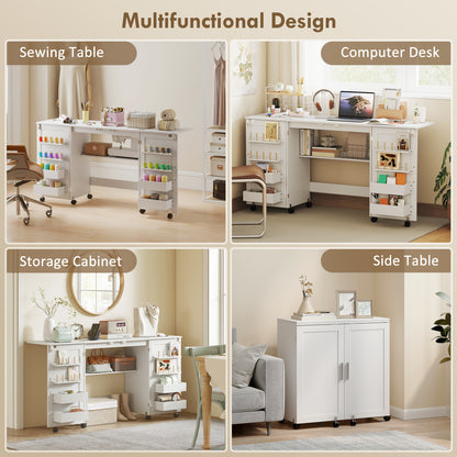 Folding Sewing Table with 2 Magnetic Doors, Rolling Craft Table with 4 Bins, 20 Pegs, Storage Shelf, Lockable Wheels, Space Saving Drop Leaf Sewing Machine Table for Small Spaces, White
