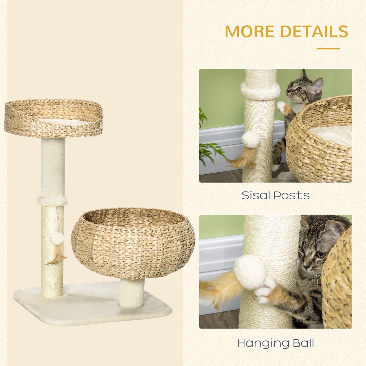72cm Cat Tree Kitten Tower with 2 Beds Scratching Post Toy Ball Beige
