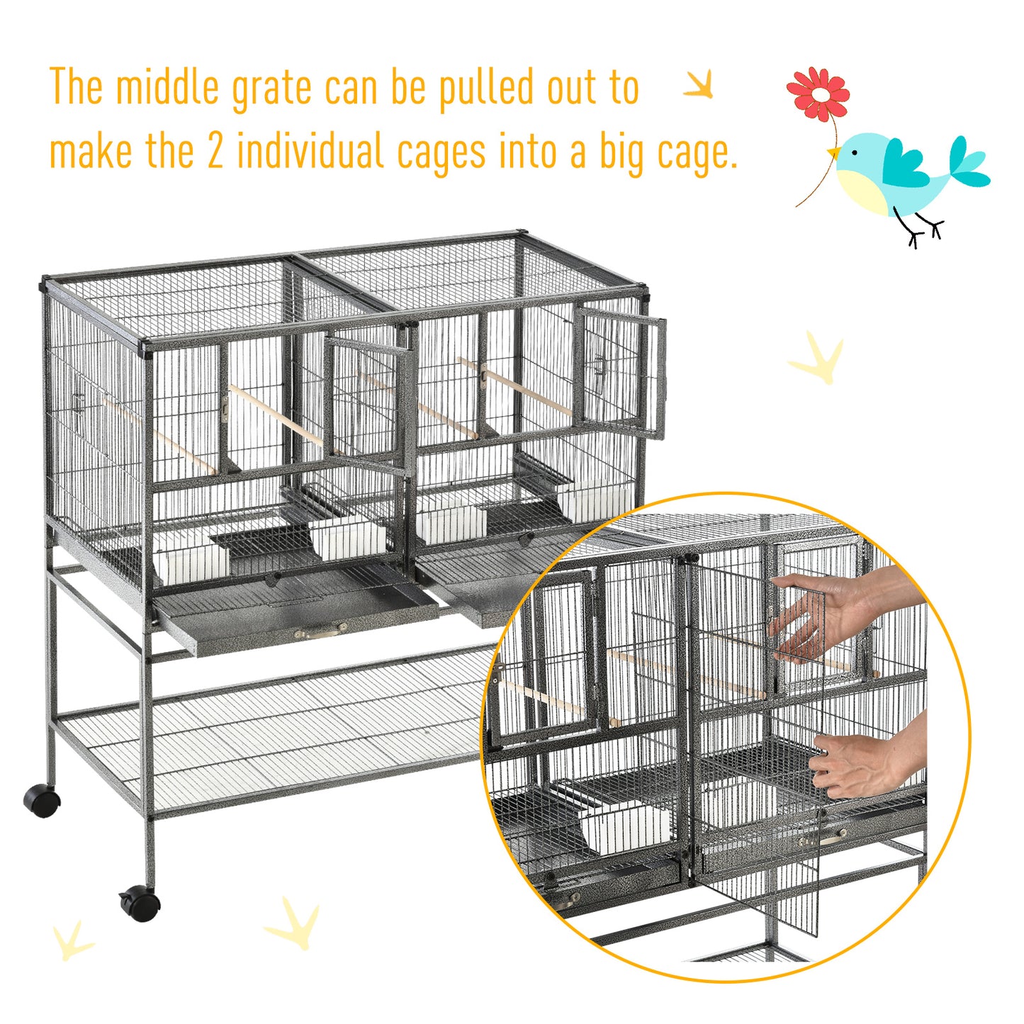Wide Large Metal Bird Cage for Finch Canaries Parakeets Cockatiels with Rolling Stand, Removable Metal Tray, Storage Shelf, Wood Perch