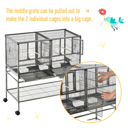 Wide Large Metal Bird Cage for Finch Canaries Parakeets Cockatiels with Rolling Stand, Removable Metal Tray, Storage Shelf, Wood Perch