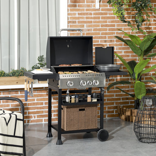 Galvanised Steel 3+1 Gas Burner BBQ Grill Trolley, Black