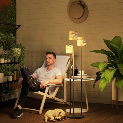 3-Light Solar Rattan Floor Lamp with Shelf, Auto On/Off, Yellow