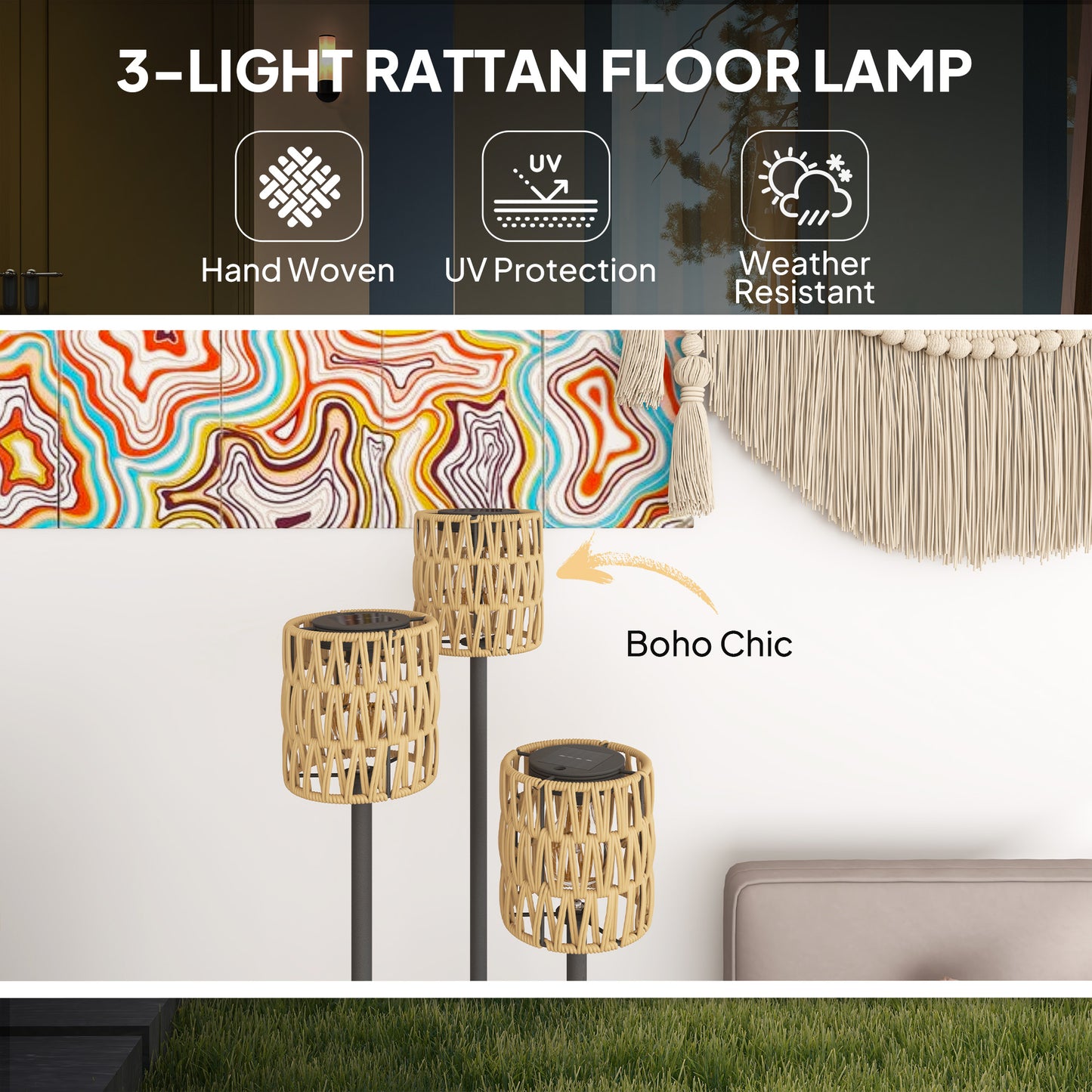 3-Light Solar Rattan Floor Lamp with Shelf, Auto On/Off, Yellow