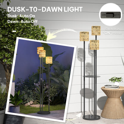 3-Light Solar Rattan Floor Lamp with Shelf, Auto On/Off, Yellow