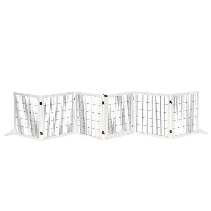 Freestanding Pet Gate 6 Panel Foldable Playpen Wooden Dog Gate with 2 Support Feet for Stairs Doorway 432cm Long 70cm Tall White