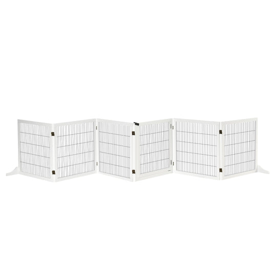 Freestanding Pet Gate 6 Panel Foldable Playpen Wooden Dog Gate with 2 Support Feet for Stairs Doorway 432cm Long 70cm Tall White