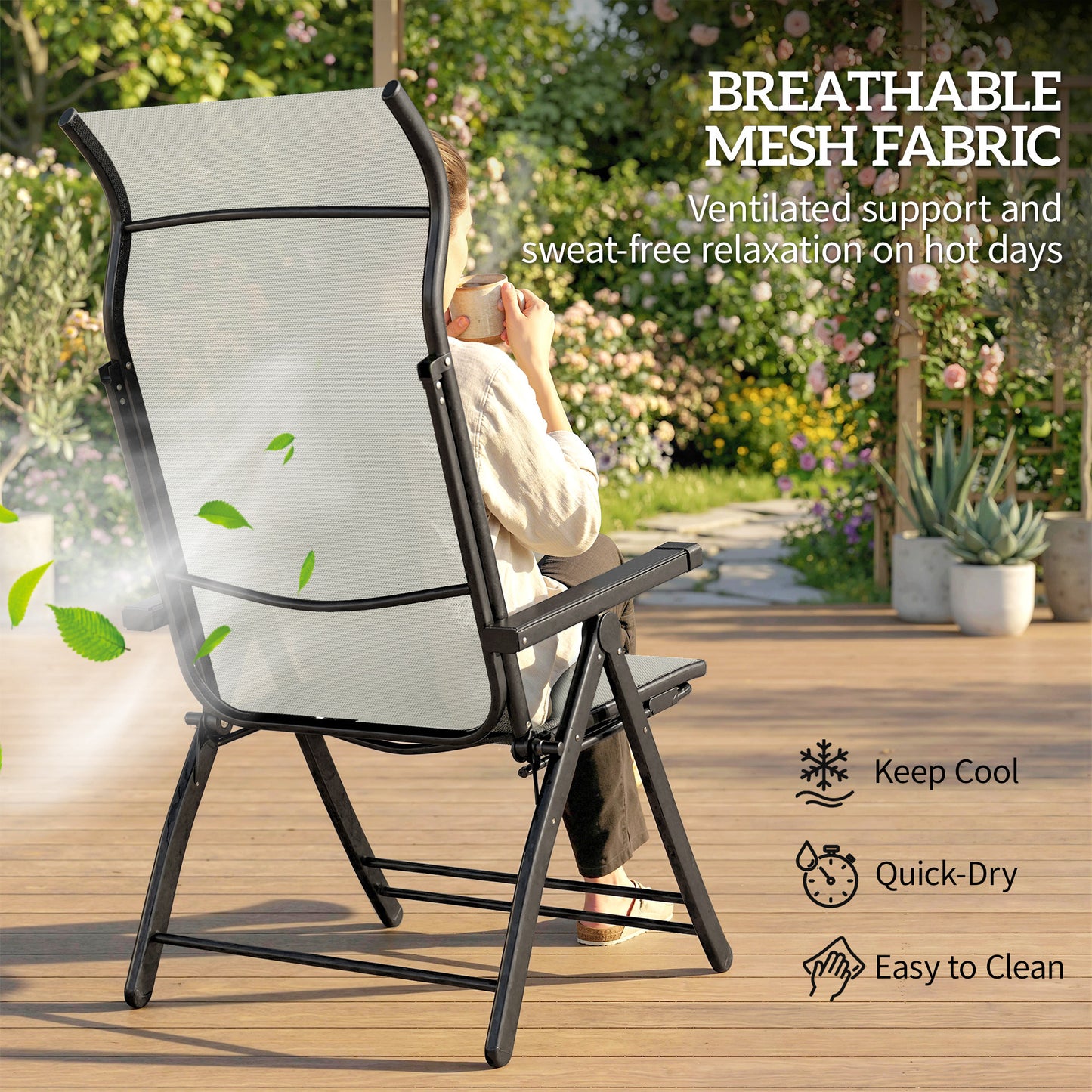 Folding Reclining Garden Chairs Set of 2 with Footrest, Light Grey