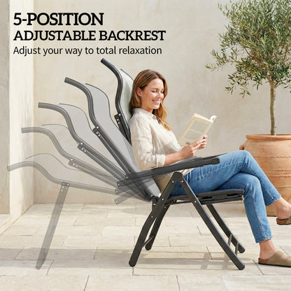 Folding Reclining Garden Chairs Set of 2 with Footrest, Light Grey