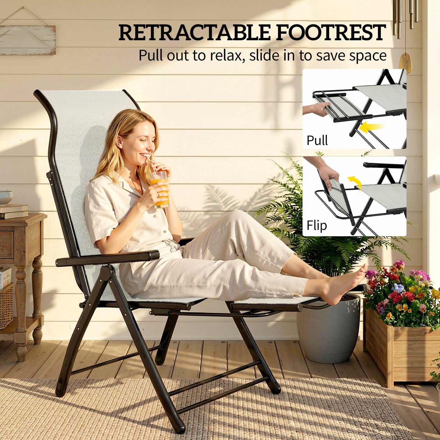 Folding Reclining Garden Chairs Set of 2 with Footrest, Light Grey