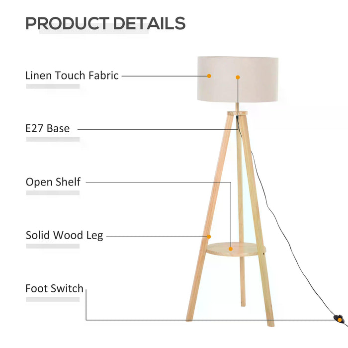 Freestanding Tripod Floor Lamp Bedside Reading with Storage Shelf Linen Shade for Living Room Bedroom, 154cm, Cream