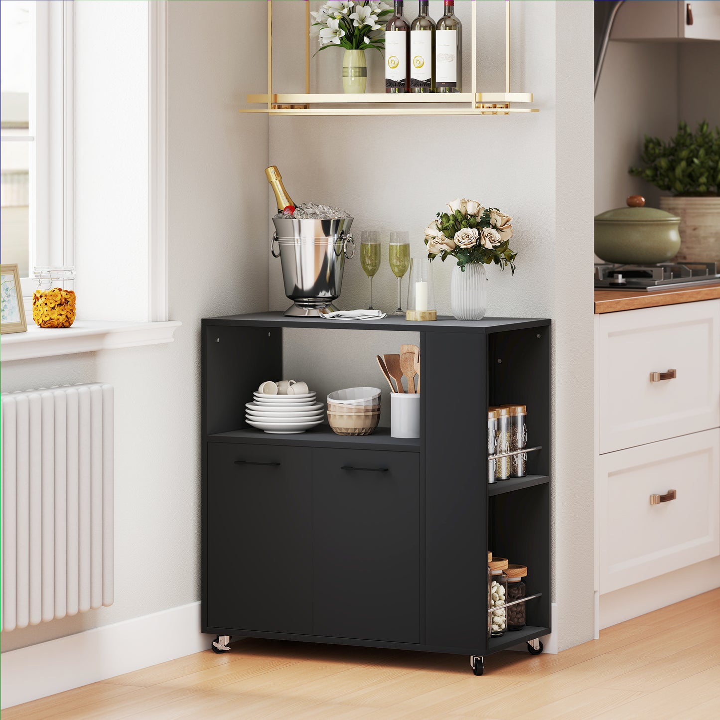 Kitchen Island on Wheels with 2-Door Cabinet and Spice Rack, Black