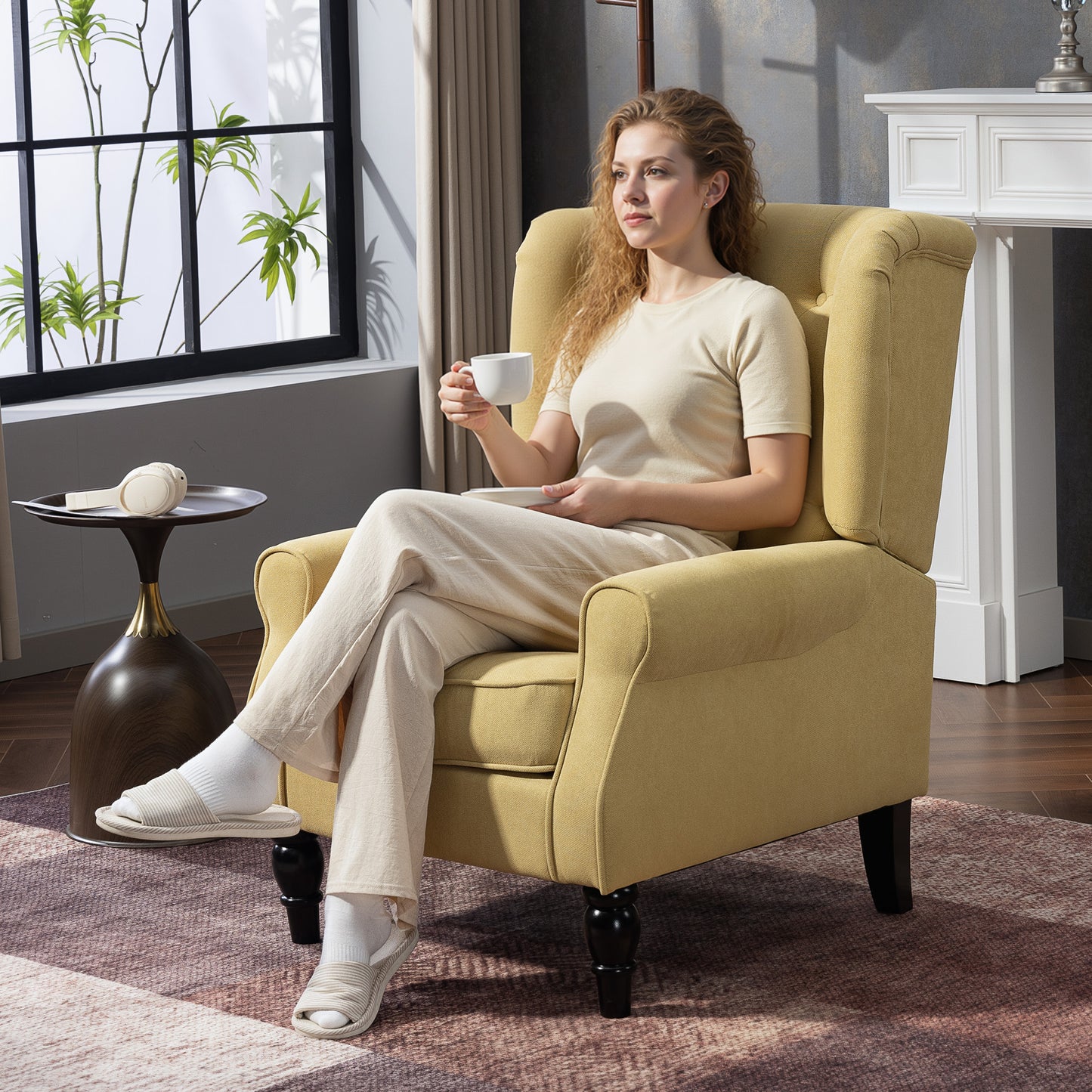 Accent Armchair Home Furniture Retro Tufted Club Wood Fabric, Yellow